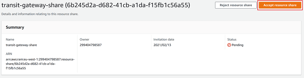 Accept transit gateway share