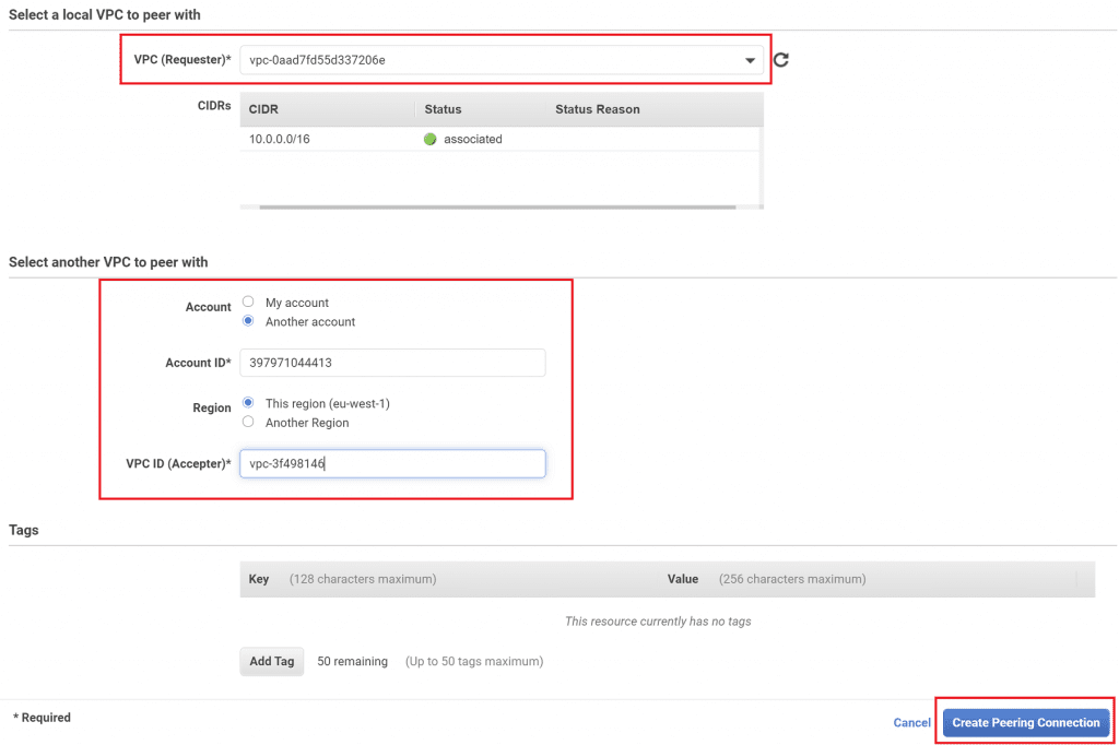 Create peering connection