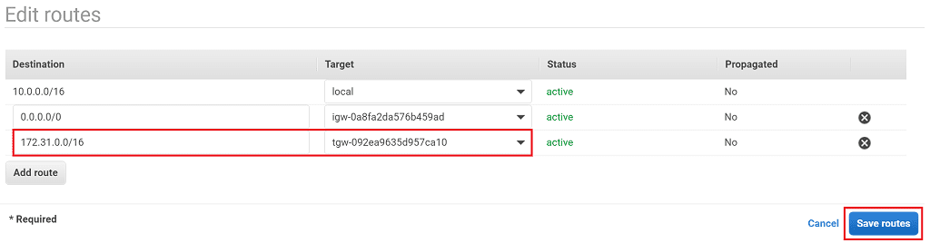 Transit gateway route for account A