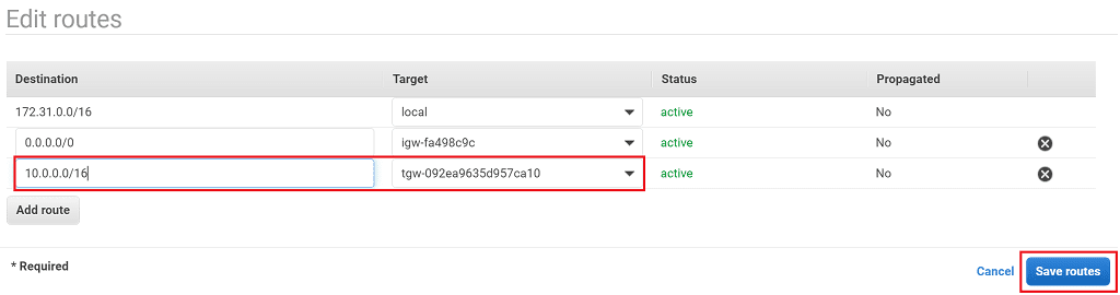 Transit gateway route for account A